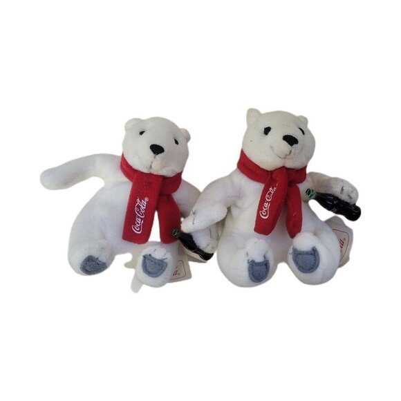 3 pc Vintage Coca Cola Papa Polar Bear Plush 6" 1998 w/ 2 Cubs Coke Bottles - Picture 3 of 12